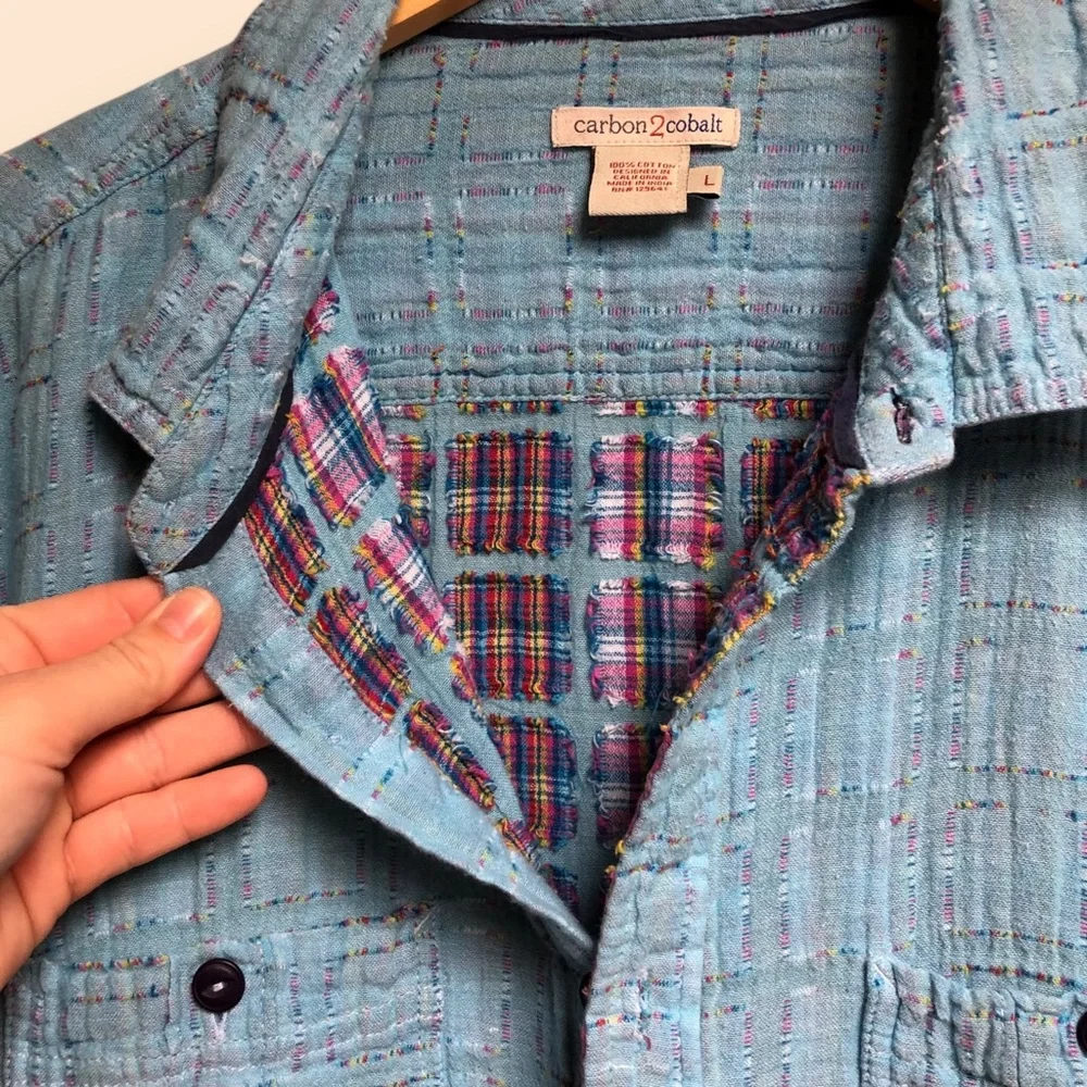 Carbon2Cobalt Blue Patchwork Stitched Boho Button Down Shirt Color Womens Large - Picture 10 of 13